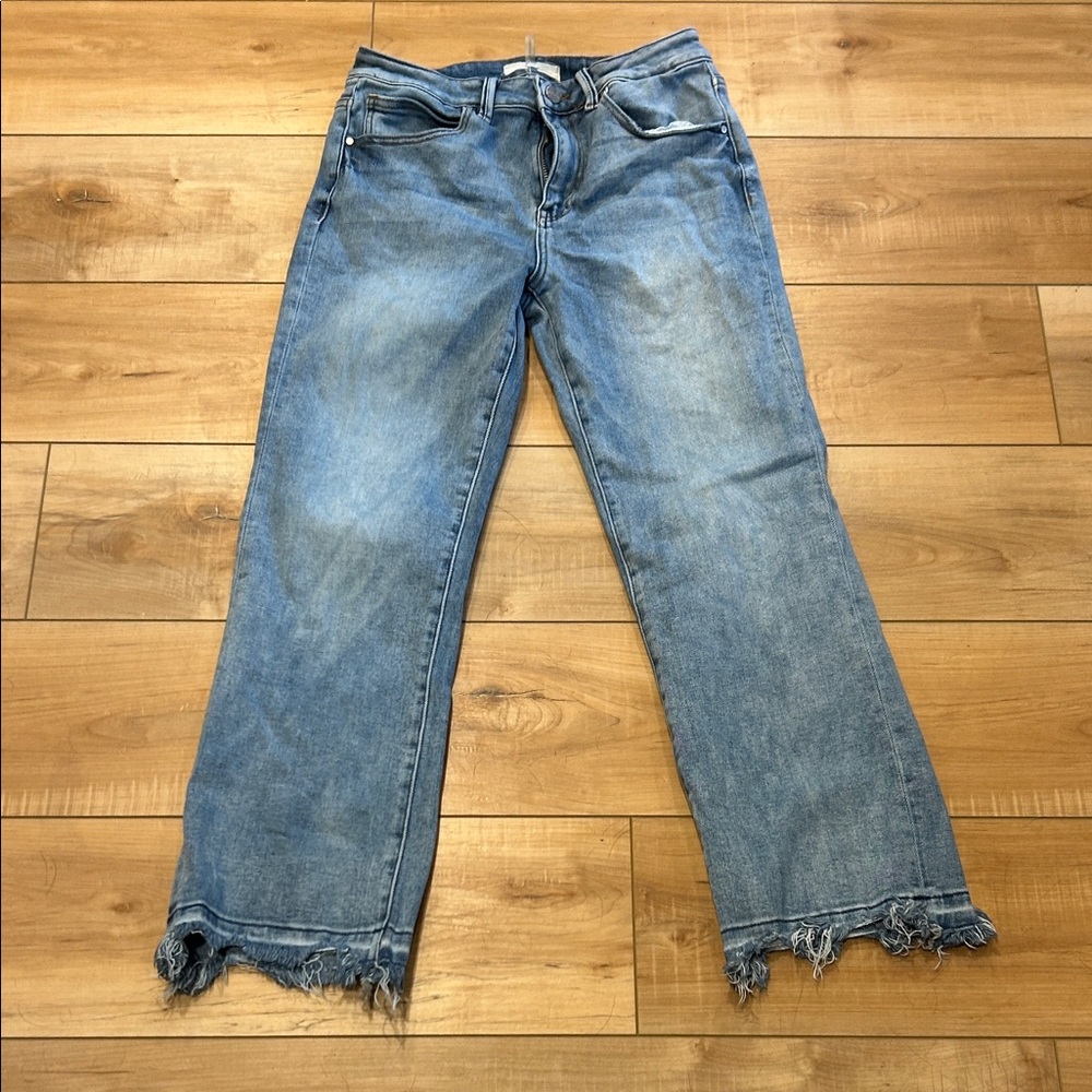 Risen Light Blue Wide-Leg Jeans with Distressed Frayed Hem